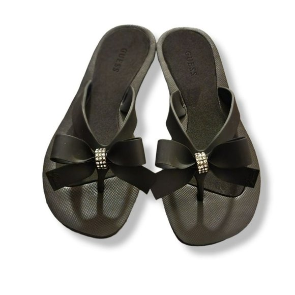 NEW GUESS Women's Black Rhinestone Bow Flip Flops Sandals Shoes Sz 35(4) - Picture 1 of 4